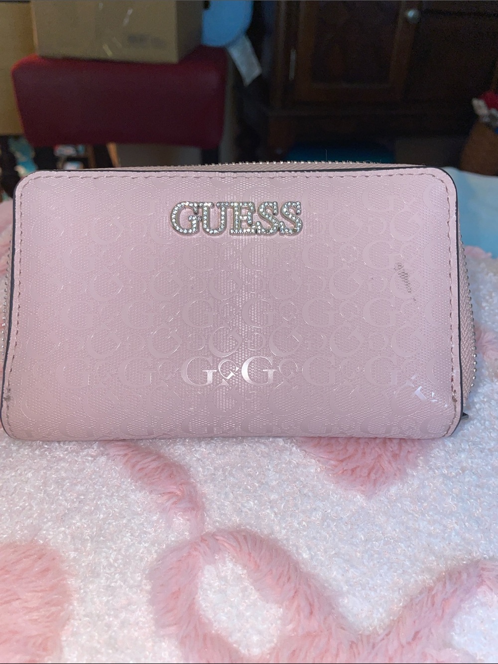 GUESS Blush Pink Zip-Around Wallet with Crystal Logo